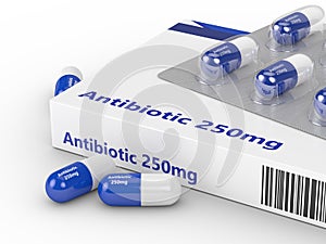 3d rendering of antibiotic pills in blister pack over w