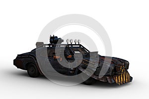 3D rendering of an armoured car from a  fantasy zombie apocalypse world isolated on a white background