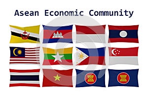 3D rendering of ASEAN country flags and AEC flag isolated