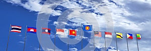 3D rendering of asean country`s flags