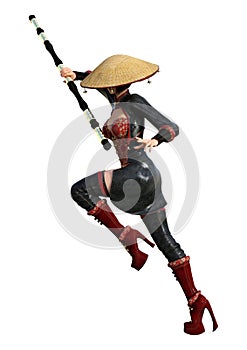 3D Rendering Asian Battle Woman on White
