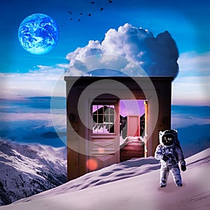 3D rendering of an astronaut on the snow with the earth in the background - surrealism