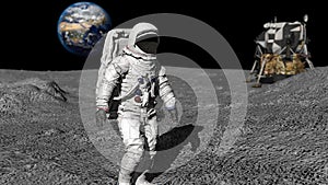 3D rendering. Astronaut walking on the moon. CG Animation. Elements of this image furnished by NASA