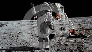 3D rendering. Astronaut walking on the moon and waving his hand. CG Animation. Elements of this image furnished by NASA