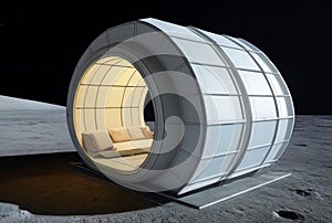 3D rendering of an astronautic space station against the background of the moon.