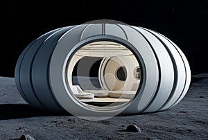 3D rendering of an astronautic space station against the background of the moon.