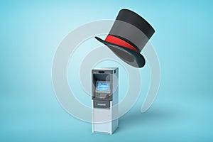 3d rendering of ATM and big black tophat floating in air above it on light blue background.