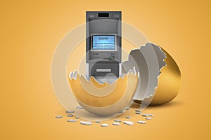 3d rendering of ATM that just hatched out from golden egg.