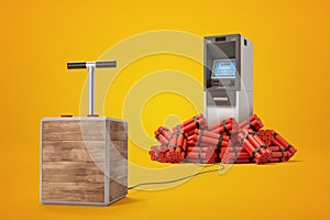 3d rendering of ATM machine and tnt dynamite sticks with detonator box on yellow background