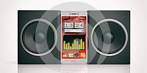 3d rendering audio speaker boxes and smartphone on white background