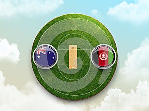 3d rendering of Australia vs Afghanistan cricket flag with Button Badge on stadium