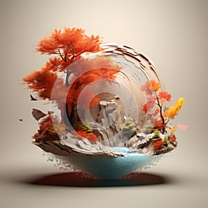 3d rendering of an autumn landscape with trees and water