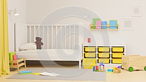 3D rendering, baby bedroom interior design with bad, cabinet, toys, playthings, doll and books shelf on the wall