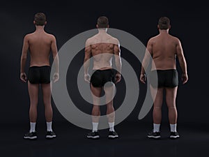 3D Rendering : back view of standing male body type : ectomorph skinny type, mesomorph muscular type, endomorphheavy weight