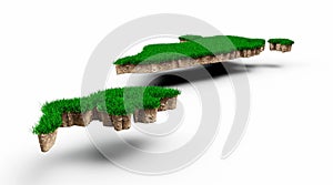 3D rendering of Bahrain Map soil land geology cross section with green grass and Rock ground