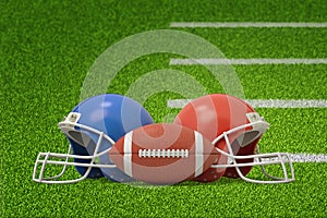 3d rendering of ball for American football in front of two helmets lying on green field.