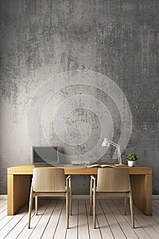 3D Rendering : Bare cement wall with modern working desk.