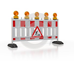 3d rendering of a barrier with flashing lights and a traffic sign - caution road work on white background