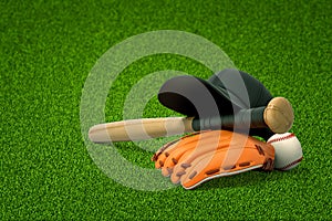 3d rendering of baseball bat, ball and gloves on green field background