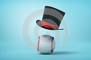 3d rendering of a baseball and a black tophat floating in the air above the ball on light blue background.