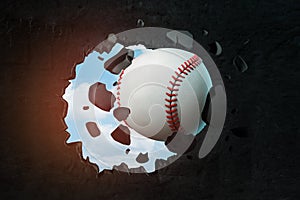 3d rendering of a baseball punching a hole in black wall with blue sky peeking through.