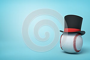 3d rendering of baseball wearing black tophat with much copy space on the rest of light blue background.