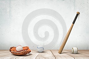 3d rendering of baseballs and brown leather glove lying on wooden floor and baseball bat propped against grungy copy