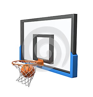 3d rendering of a basketball ball falling inside a basket attached to a transparent backboard.