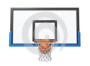3d rendering of a basketball ball falling inside a basket attached to a transparent backboard.
