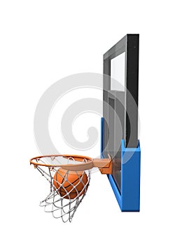 3d rendering of a basketball ball falling inside a basket attached to a transparent backboard.