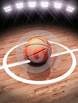 3d rendering of a basketball on a court with stadium lighting