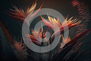 3D rendering of a beautiful bird of paradise flower in a dark background