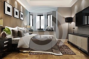 3d rendering beautiful luxury bedroom suite in hotel with tv and working table