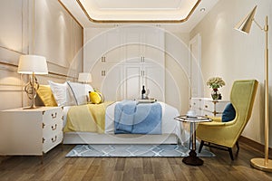 3d rendering beautiful luxury yellow bedroom suite in hotel with tv and couch