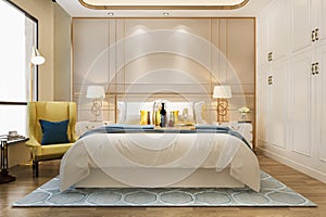 3d rendering beautiful luxury yellow bedroom suite in hotel with tv and couch