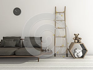 3d rendering beautiful soft black sofa with scandinavian style decor for kids