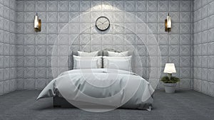 3d rendering beautiful white bed in white texture wall bedroom