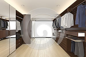 3d rendering beautiful wood horizontal wardrobe and walk in closet near window