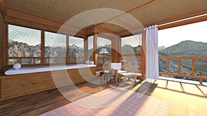 3D rendering of the bed room with mountain view