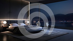 3D rendering of a bedroom with a large window overlooking the cityscape at night.