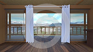 3D rendering of the bedroom with mountain view