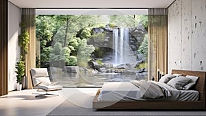 3D rendering of a bedroom with a waterfall.