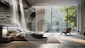 3D Rendering of a bedroom with a waterfall wallpaper.