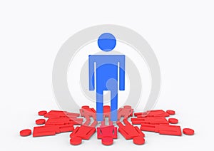 3d rendering. A big blue male standing on group of red female gender sign. gender pay gap concept