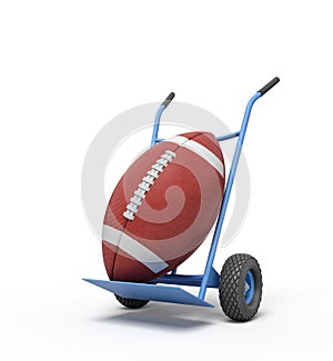 3d rendering of big brown gridiron ball on blue hand truck.
