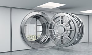 3D rendering of a big open round metal safe in a bank depository