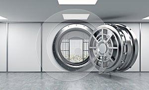 3D rendering of a big open round metal safe in a bank depository