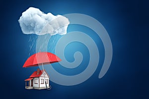 3d rendering of a big red umbrella protecting a little detached house from the thick raining cloud on blue background