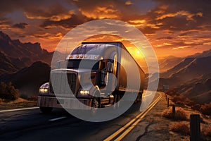 3D rendering of a big rig semi-trailer truck on the road at sunset, Truck and highway at sunset, AI Generated