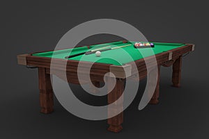 3d rendering of a billiards table with two cue sticks and a rack with balls on its surface.